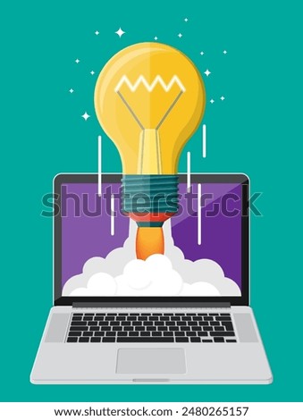 Light idea bulb launching into space from laptop screen. Startup, idea, creativity, innovation. Crowdfunding, start-up or new business model. Vector illustration in flat style