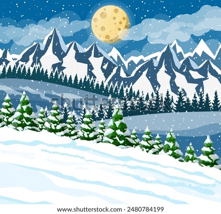 Winter christmas background. Pine tree wood and snow. Winter landscape with fir trees forest, mountain and snowing. Happy new year celebration. New year xmas holiday. Vector illustration flat style