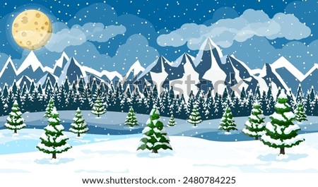 Winter christmas background. Pine tree wood and snow. Winter landscape with fir trees forest, mountain and snowing. Happy new year celebration. New year xmas holiday. Vector illustration flat style