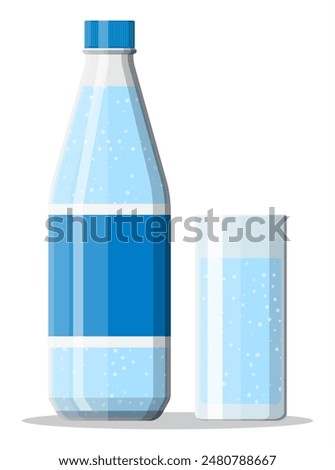 Plastic bottle and glass of fresh pure mineral water. Carbonated soda drink. Vector illustration in flat style