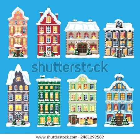 City House Covered Snow Set. Building in Holiday Ornament. Christmas Tree Spruce, Wreath. Happy New Year Decoration. Merry Christmas Holiday. New Year and Xmas Celebration. Flat Vector Illustration