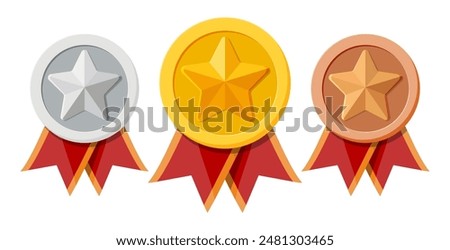 Set of medals with red ribbons and star shapes. Gold, silver, bronze champion. Winners medallion. First, second, third place, achievement, award, prize, leader badge or bonus. Flat style illustration