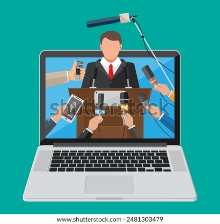 Laptop with press conference live video. Rostrum, tribune, hands of journalists with microphones. News, media, journalism. Broadcasting, online video, live stream. Flat vector illustration