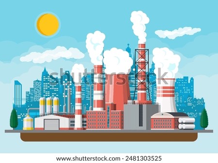 Factory building. Industrial factory, power plant. Pipes, buildings, warehouse, storage tank. Cityscape urban skyline with clouds, trees and sun. Vector illustration in flat style