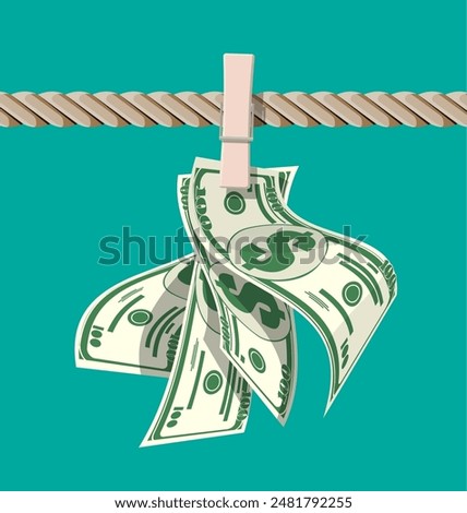 Wet dollar bills hanging on rope attached with clothes pins. Money laundering concept. Dirty money. Hidden wages, salaries black payments, tax evasion, bribe. Anti corruption. Flat vector illustration