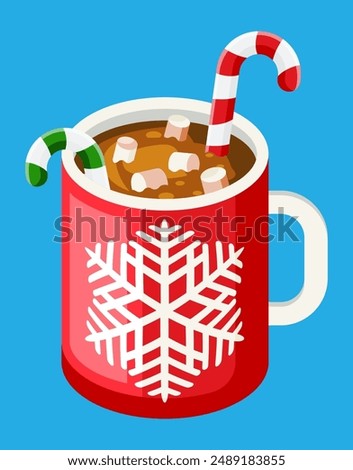 Coffee mug with marshmallows and candy cane. Christmas hot drink with desserts. Hot chocolate, cup of coffee or cocoa. New year, merry christmas holiday xmas celebration. Flat vector illustration