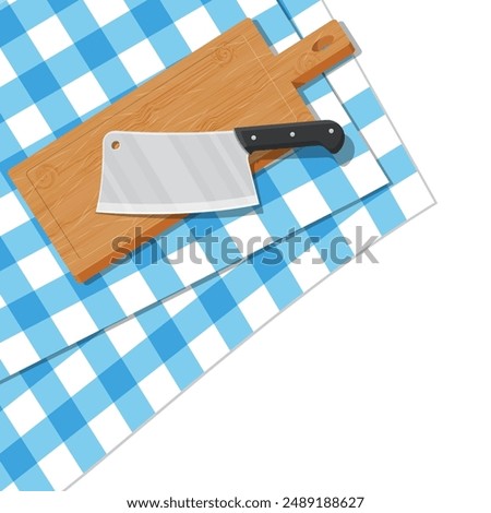 Wooden cutting board and kitchen knife. Table with tablecloth. Butcher cleaver knife and chopping board. Utensils, household cutlery. Cooking, domestic kitchenware. Vector illustration in flat style