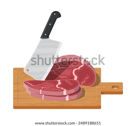 Meat steak chopped on wooden board with kitchen knife. Cutting board, butcher cleaver and piace of meat. Utensils, household cutlery. Cooking, domestic kitchenware. Vector illustration in flat style