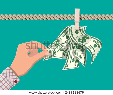 Wet dollar bills hanging on rope attached with clothes pins. Money laundering concept. Dirty money. Hidden wages, salaries black payments, tax evasion, bribe. Anti corruption. Flat vector illustration