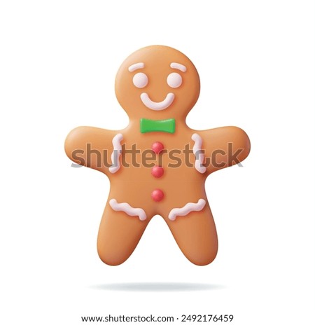 3D Holiday Gingerbread Man Cookie. Render Cookie in Shape of Man with Colored Icing. Happy New Year Decoration. Merry Christmas Holiday. New Year and Xmas Celebration. Realistic Vector illustration