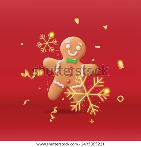 3D Holiday Gingerbread Man Cookie and Confetti. Render Cookie in Shape of Man with Colored Icing. Happy New Year Decoration. Merry Christmas Holiday. New Year Xmas Celebration. Vector illustration