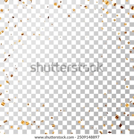 3D party gold confetti on transparent background. Render golden confetti in empty space. Metal firecracker elements in various shapes. Party, holiday, surprise or birthday events. Vector illustration