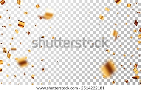 3D party gold confetti on transparent background. Render golden confetti in empty space. Metal firecracker elements in various shapes. Party, holiday, surprise or birthday events. Vector illustration