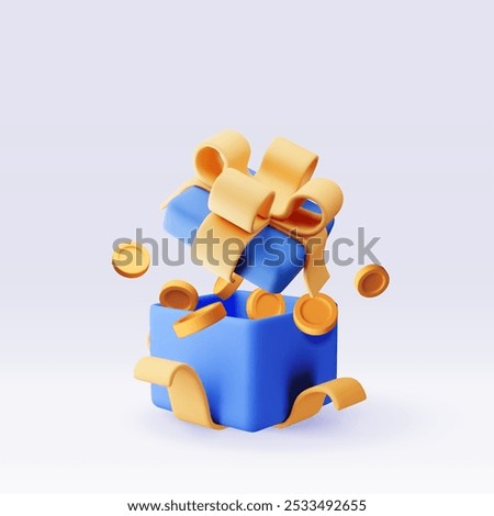 3D open gift box full of gold coins isolated. Render giftbox and golden coins money. Concept of loyalty program, casino or online games bonus. Money prize reward. Vector illustration