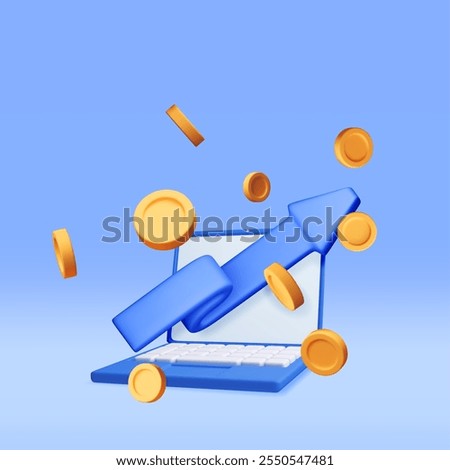 3D growth stock coin chart and arrow on laptop computer. Render stock arrow with money on monitor shows growth or success. Financial item, business investment. Money and banking. Vector illustration