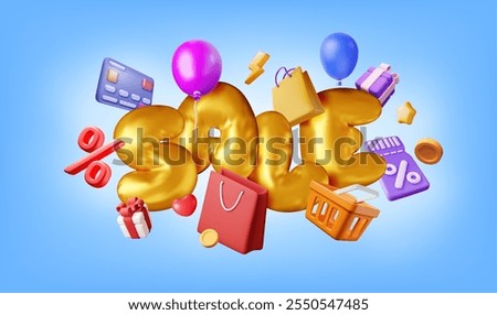 3D sale balloon sign and shopping bag. Render shopping banner with realistic gift bags. Sale discount or clearance concept. Online or retail shopping symbol. Fashion handbag. Vector illustration