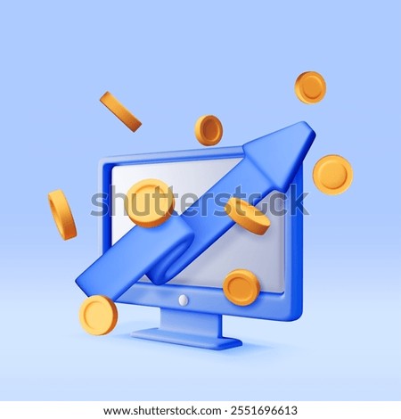 3D growth stock coin chart and arrow on computer. Render stock arrow with money on monitor shows growth or success. Financial item, business investment. Money and banking. Vector illustration