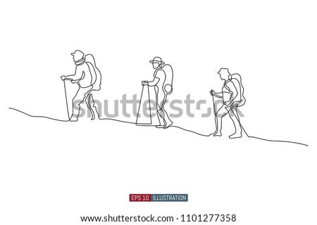 Continuous line drawing of hand drawn traveling people with backpacks silhouettes. Vector illustration. Element for you design works.