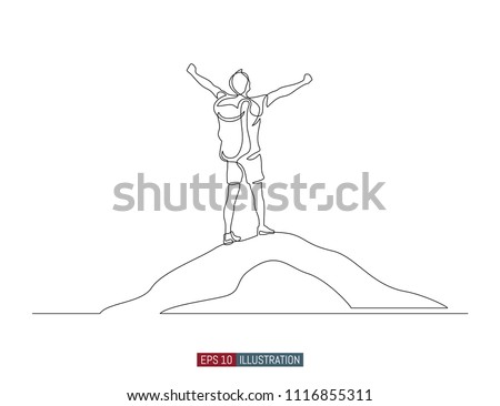 Continuous line drawing of winner man on mountain peak. Climber on mountain top silhouette. Victory symbol. Template for your design works. Vector illustration.