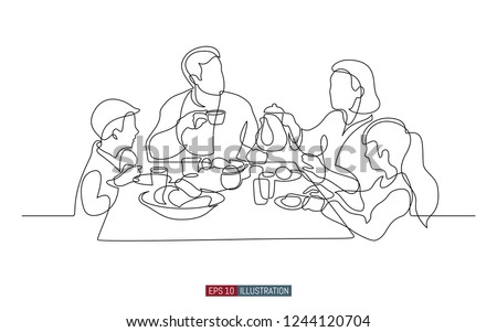 Continuous line drawing of family breakfast. Template for your design works. Vector illustration.