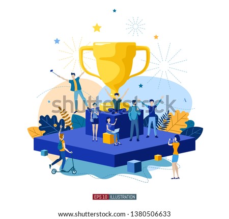 Trendy flat illustration. Best team ever concept. Goal achievement. Golden cup. Successful teamwork. Template for your design works. Vector graphics.