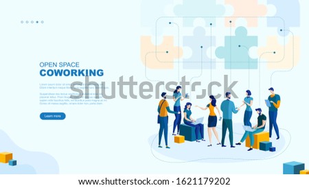 Trendy flat illustration. Open space Coworking page concept. Office workers planing business mechanism, analyze business strategy and exchange ideas. Template for your design works. Vector graphics.