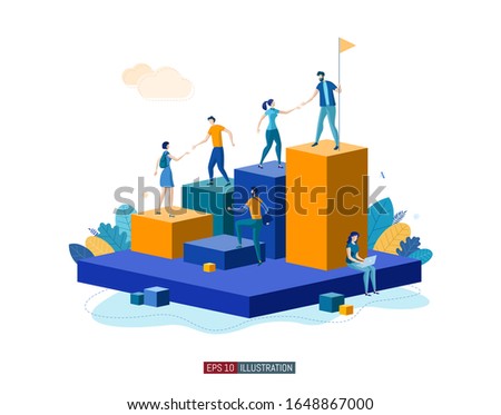 Trendy flat illustration. People help each other go up. Teamwork concept. Career planning. Motivation. Goal achievment. Way up. Business strategy. Template for your design works. Vector graphics.