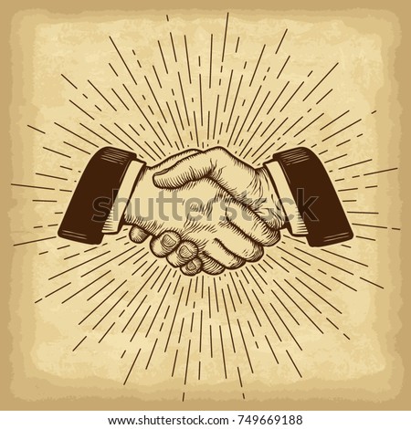 Hand drawn hand gesture. Hand shake on old craft paper texture background. Linear vintage style sun rays. Template for your design works. Engraved style vector illustration.