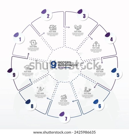 Blue tone, Modern circle infographic template with 9 steps, process or options, process chart, Used for process diagram, presentations, workflow layout, flow chart.