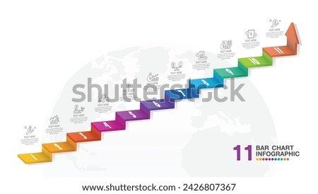 Modern bar chart stair 3d style and icons for your Business reports and financial data presentation. Infographics elements diagram with 11 steps, options, Vector illustration.