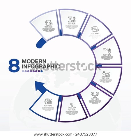 Basic circle infographic template with 8 steps, process or options, process chart, Used for process diagram, presentations, workflow layout, flow chart, infograph. Vector eps10 illustration.