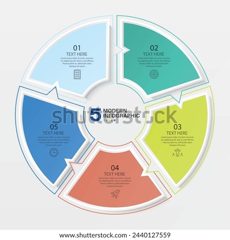 Basic circle infographic template with 5 steps, process or options, process chart, Used for process diagram, presentations, workflow layout, flow chart, infograph. Vector eps10 illustration.