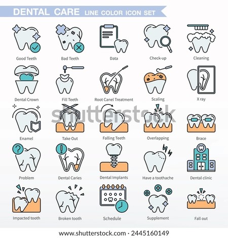 Dental icon set - Color Line Icons. Same as Check up, Cleaning, Dental Crown, Fill Teeth, Root Canel Treatment, Scaling, X ray, Take Out, Falling Teeth, Overlapping, Brace, etc.