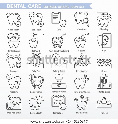 Dental icon set - Editable stroke. Pixel perfect vector, Thin line Icons. Same as Check up, Cleaning, Dental Crown, Fill Teeth, Root Canel Treatment, Scaling, X ray, Take Out, Falling Teeth.
