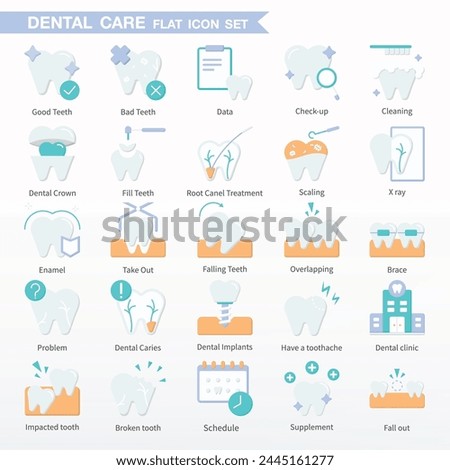 Dental icon set - Pixel perfect vector, Flat Icons. Same as Check up, Cleaning, Dental Crown, Fill Teeth, Root Canel Treatment, Scaling, X ray, Take Out, Falling Teeth, Overlapping, Brace, etc.