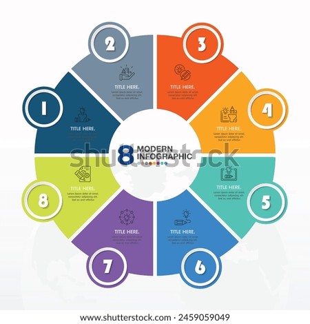 Basic circle infographic template with 8 steps, process or options, process chart, Used for process diagram, presentations, workflow layout, flow chart, infograph. Vector eps10 illustration.