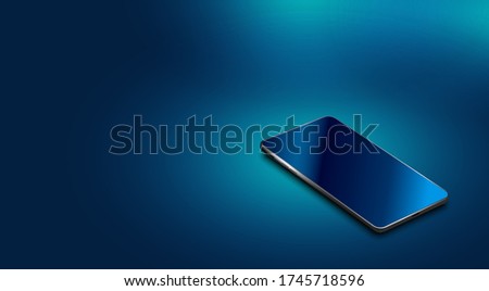 A modern smartphone with a glass screen lies on the surface. Shadow, glare. Vector illustration