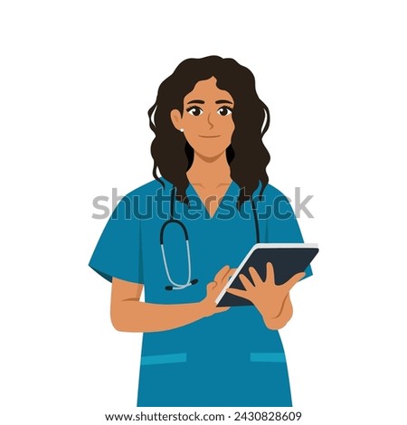 Young latina Woman Nurse Using Digital Tablet. Flat vector illustration isolated on white background