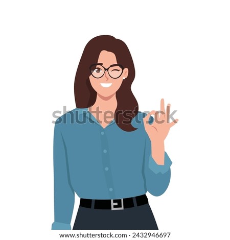 Young woman showing okay with satisfied wink face expression. Flat vector illustration isolated on white background