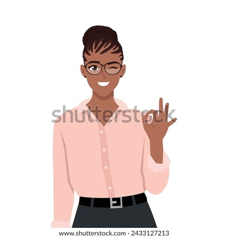 Young woman showing okay with satisfied wink face expression. Flat vector illustration isolated on white background