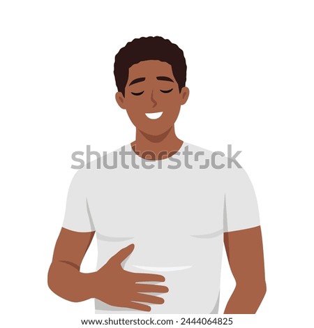 Young happy black man feel very full after eating too much food. Flat vector illustration isolated on white background