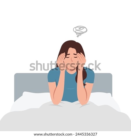 Sad unhappy young woman staying in bed in her bedroom waking up with headache. Flat Vector Illustration isolated on White Background