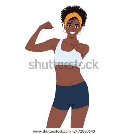 Young woman flexing her bicep and pointing front. Flat vector illustration isolated on white background