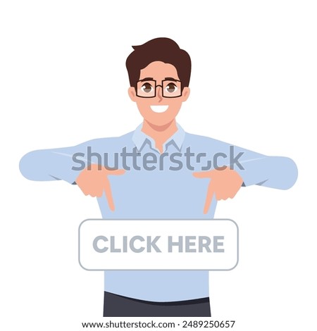 Young man standing behind the white blank banner and pointing down. Flat vector illustration isolated on white background