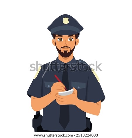 Young man police officer, issuing fine for driver who violated parking rules. Flat vector Character illustration