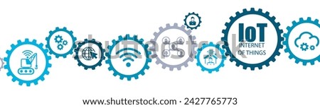 IoT internet of things banner vector illustration with icons of digital transformation software system engineer wireless connection data exchange smart home industry 4.0 cloud connected device