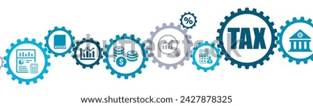 Tax deduction and calculation banner vector illustration with the icons of accounting form reporting reduce taxation rate planning exemption strategy on white background