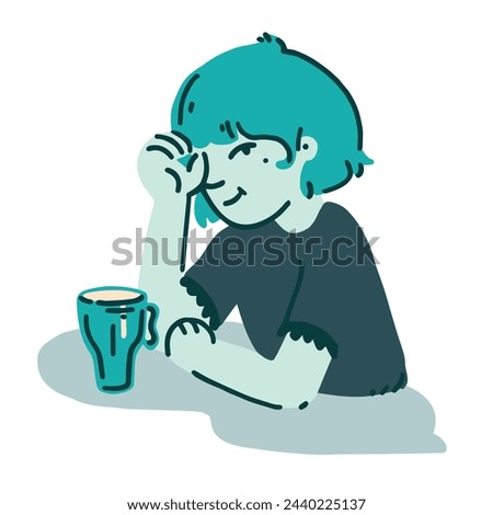 Vector flat illustration of aquamarine girl. Woman sitting in cafe, enyoing her drink at the table. Cute cartoon character design. 
