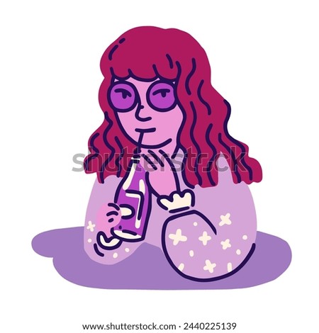 Vector flat illustration of pink girl. Woman sitting in cafe, enyoing her drink at the table. Cute cartoon character design. 