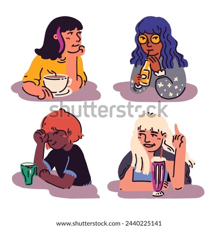 Vector flat illustration set of four girls. Women sitting in cafe, enyoing their drinks at the table. Cute cartoon character design. 